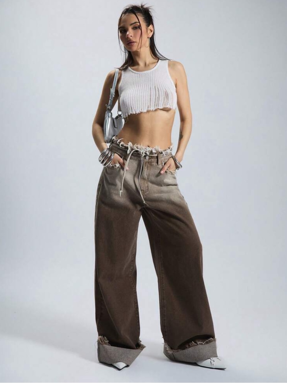 Ombre Wash Wide-Leg Straight Jeans with Drawstring Waist 90’s Y2K Western